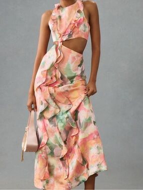 Significant Other Rey Cutout Ruffle Dress Maxi Dress in Peach Pink & Green